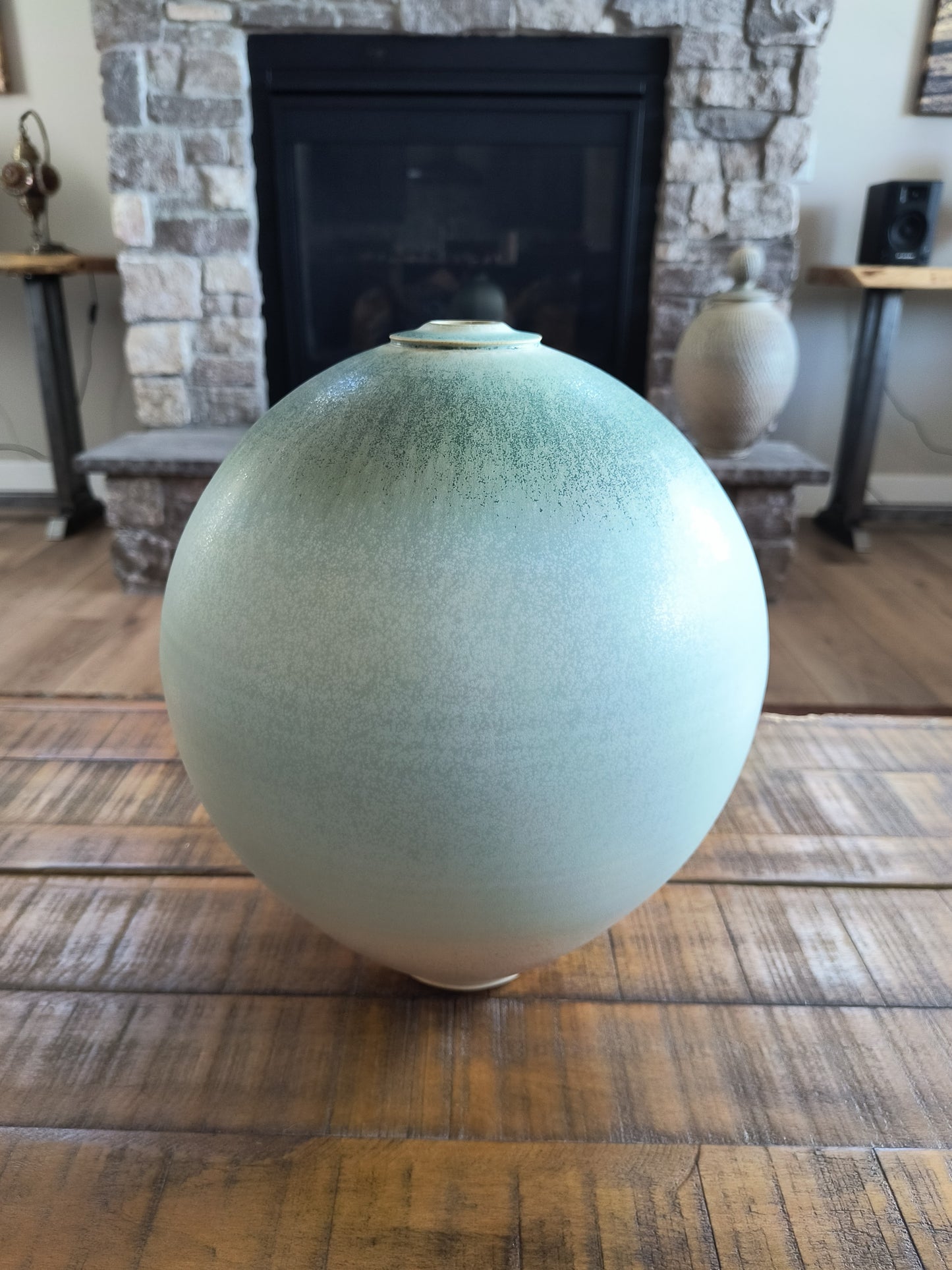 Grand Blue Green Round Bottle by Ezra Lavinsky Pottery